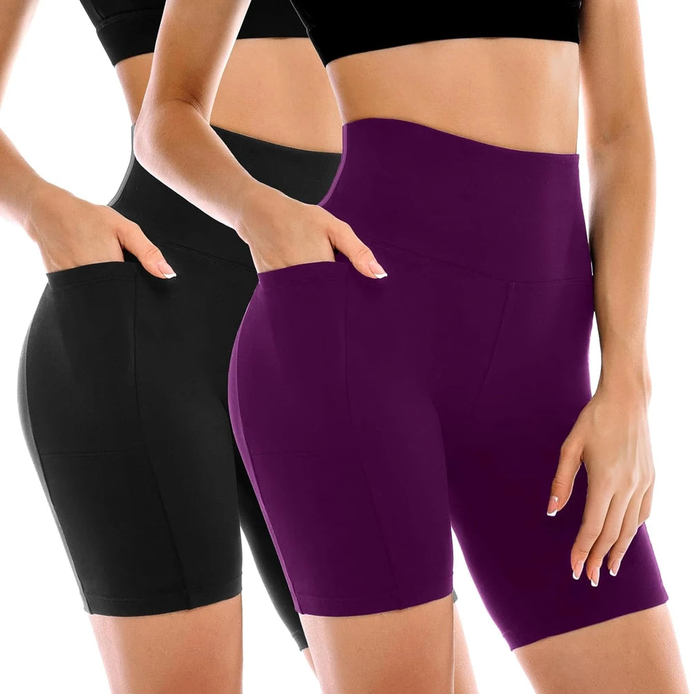 Leafigure 2 Pack Womens Biker Shorts with Pockets, High Waisted Tummy Control Yoga Shorts for Women Running Gym and Workout