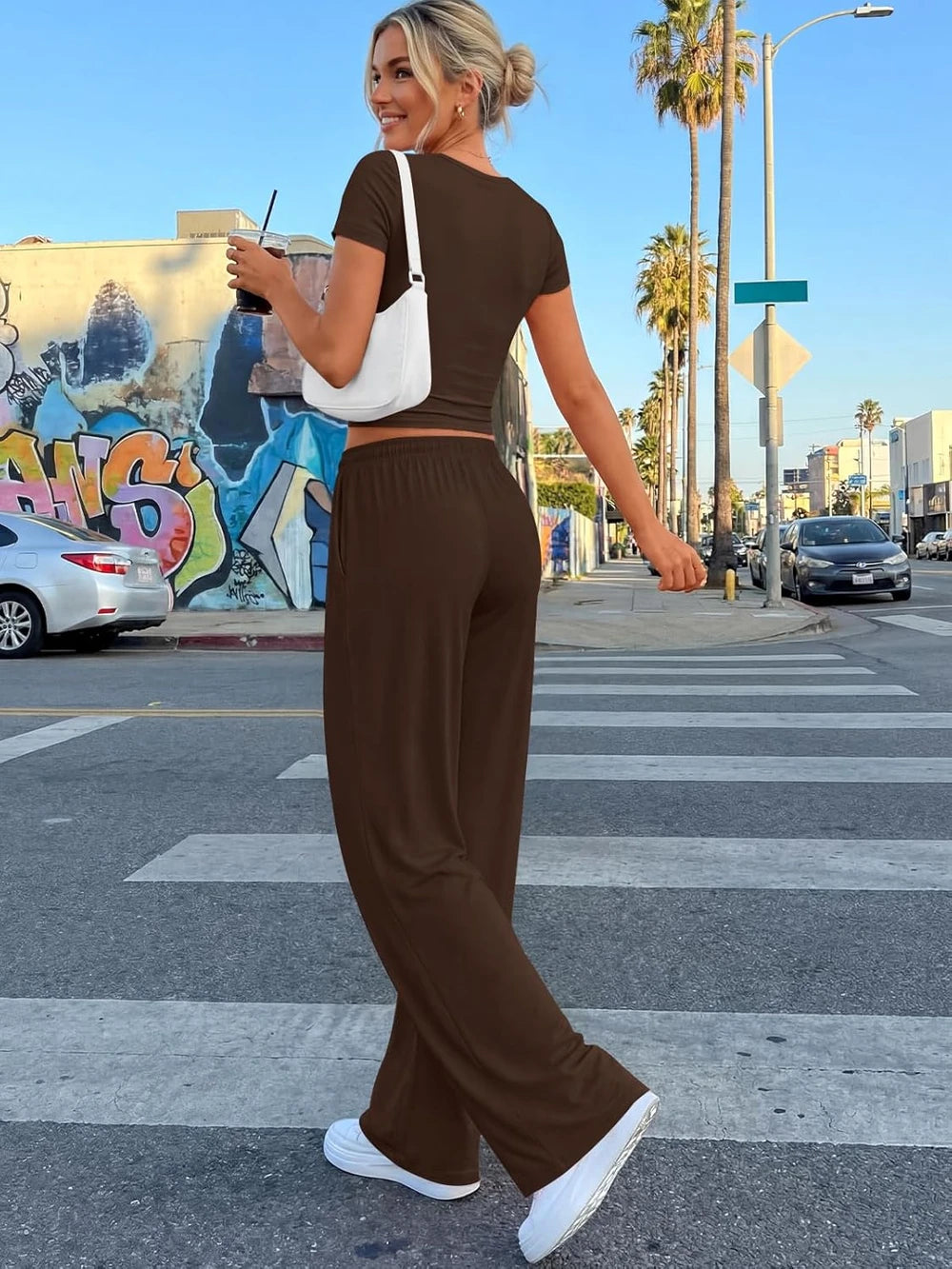 Trendy Queen 2 Piece Matching Summer Lounge Set Womens Side Ruching Top Wide Leg Pants Sets with Pockets