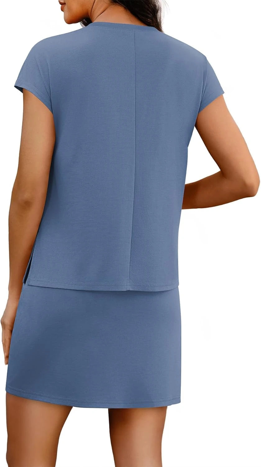 WIHOLL Two Piece Skirt Sets for Women Summer Vacation Outfits Travel Tennis Golf Skorts Cap Sleeve Lounge Sets XS-2XL