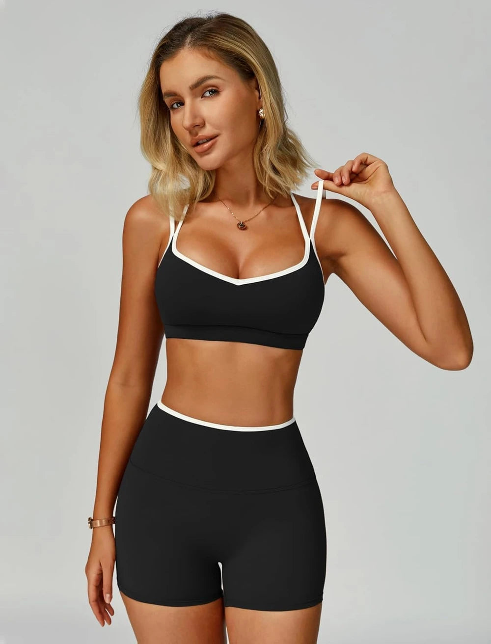 ABOCIW Workout Sets for Women 2 Piece Color Block Strappy Sports Bra High Waist Shorts Gym Yoga Pilates Outfits