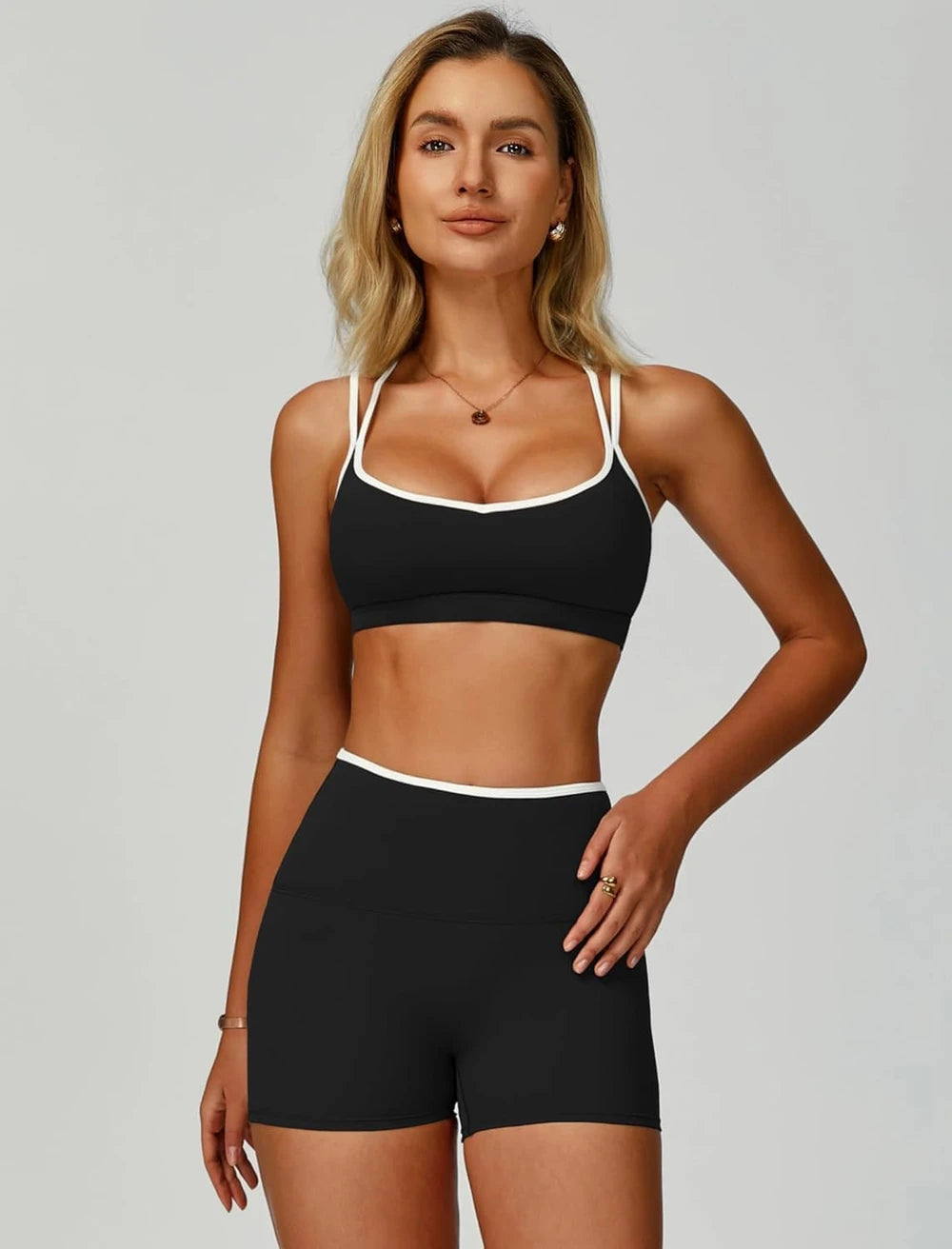 ABOCIW Workout Sets for Women 2 Piece Color Block Strappy Sports Bra High Waist Shorts Gym Yoga Pilates Outfits