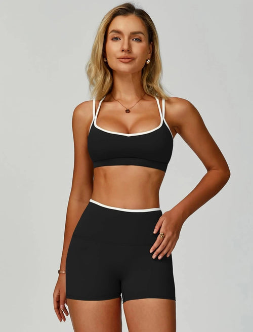 ABOCIW Workout Sets for Women 2 Piece Color Block Strappy Sports Bra High Waist Shorts Gym Yoga Pilates Outfits