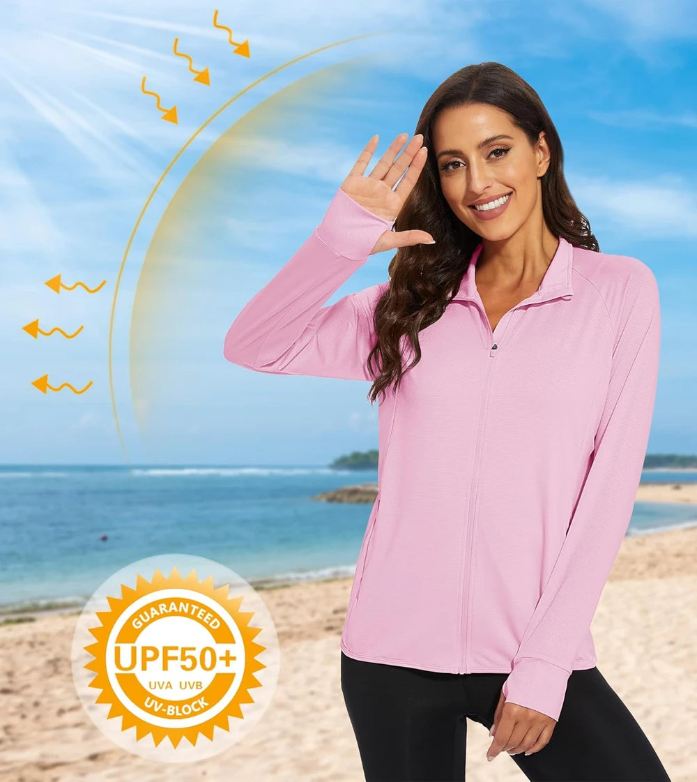 MAGCOMSEN Women's UPF 50+ Lightweight Athletic Jacket Sun Protection Full Zip Long Sleeve Shirts Hiking Outdoor Pockets