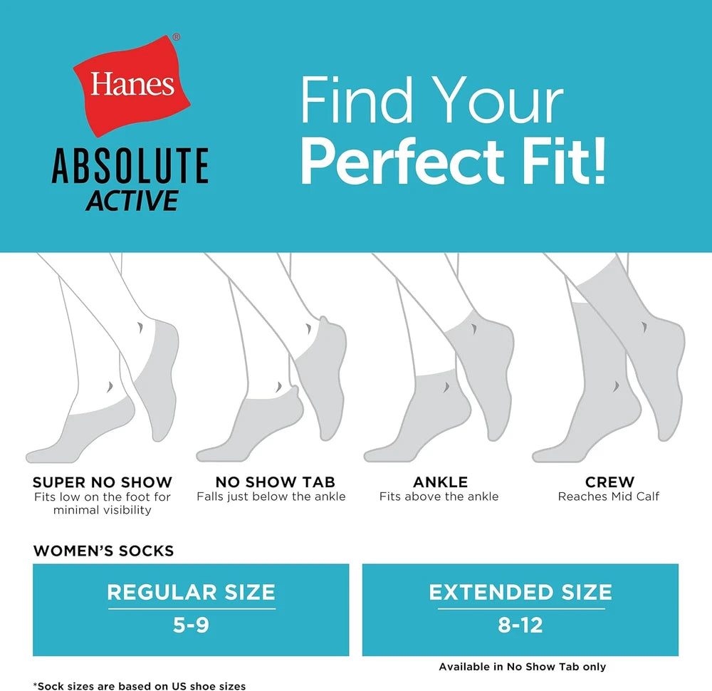 Hanes Women's Socks, 4-pack, Absolute Active Cushioned Moisture-wicking Best Women's Socks, Crew, Ankle and No Show