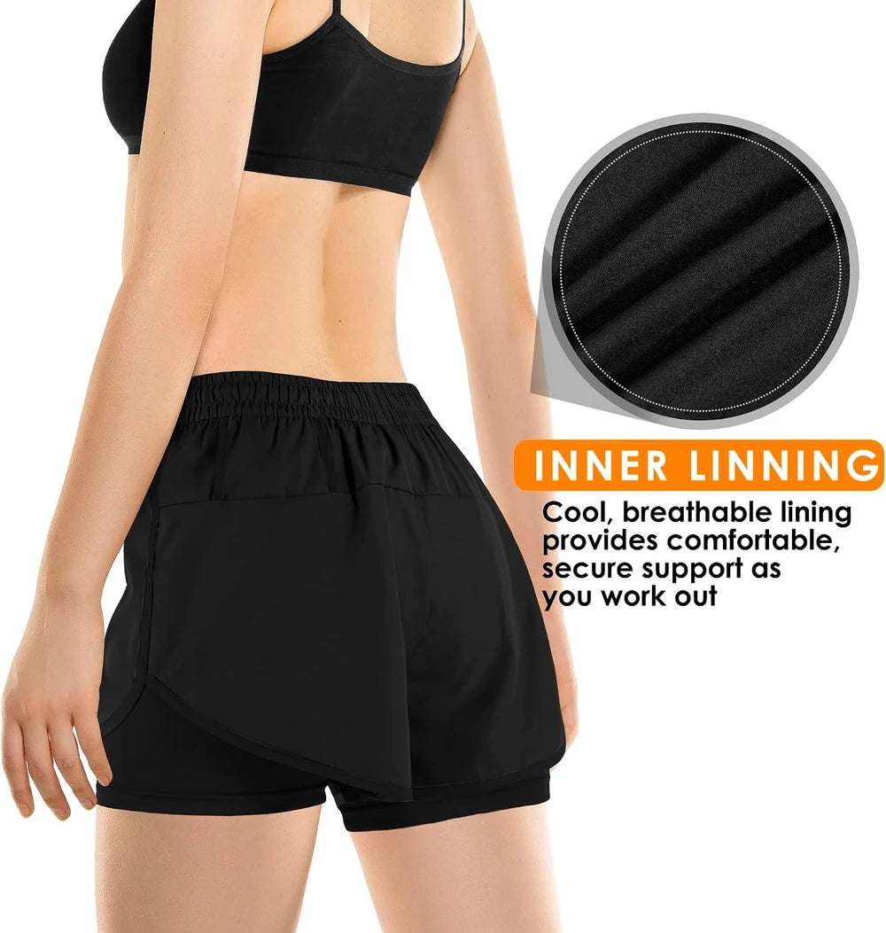 Yevrimow Women's 2 in 1 Running Shorts for Gym Yoga Workout Athletic Shorts High-Waisted Shorts with Liner Pockets