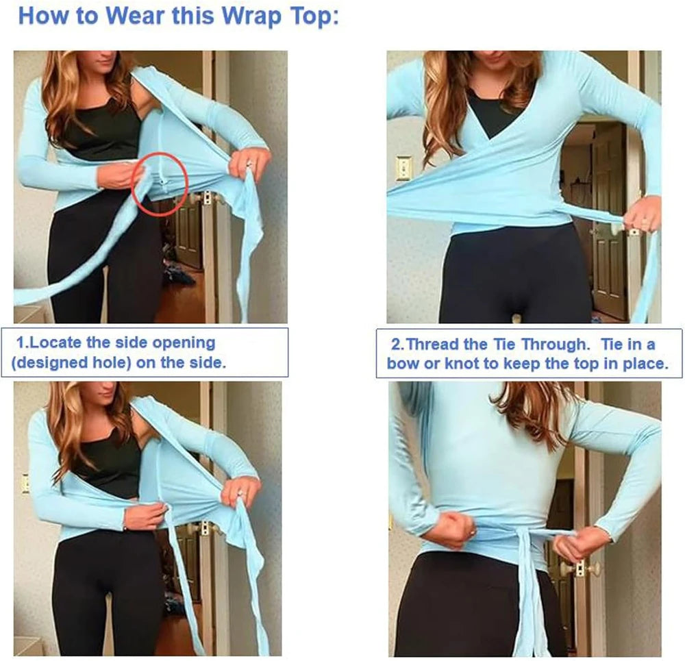Women Ballet Wrap Top Long Sleeve Self Tie Dance Shirt Pilates Yoga Tops Y2k Workout Active Blouses