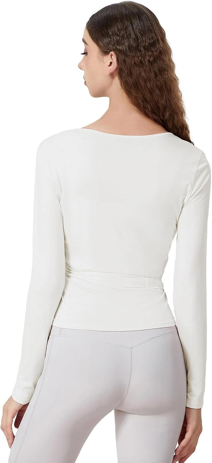 Women Ballet Wrap Top Long Sleeve Self Tie Dance Shirt Pilates Yoga Tops Y2k Workout Active Blouses
