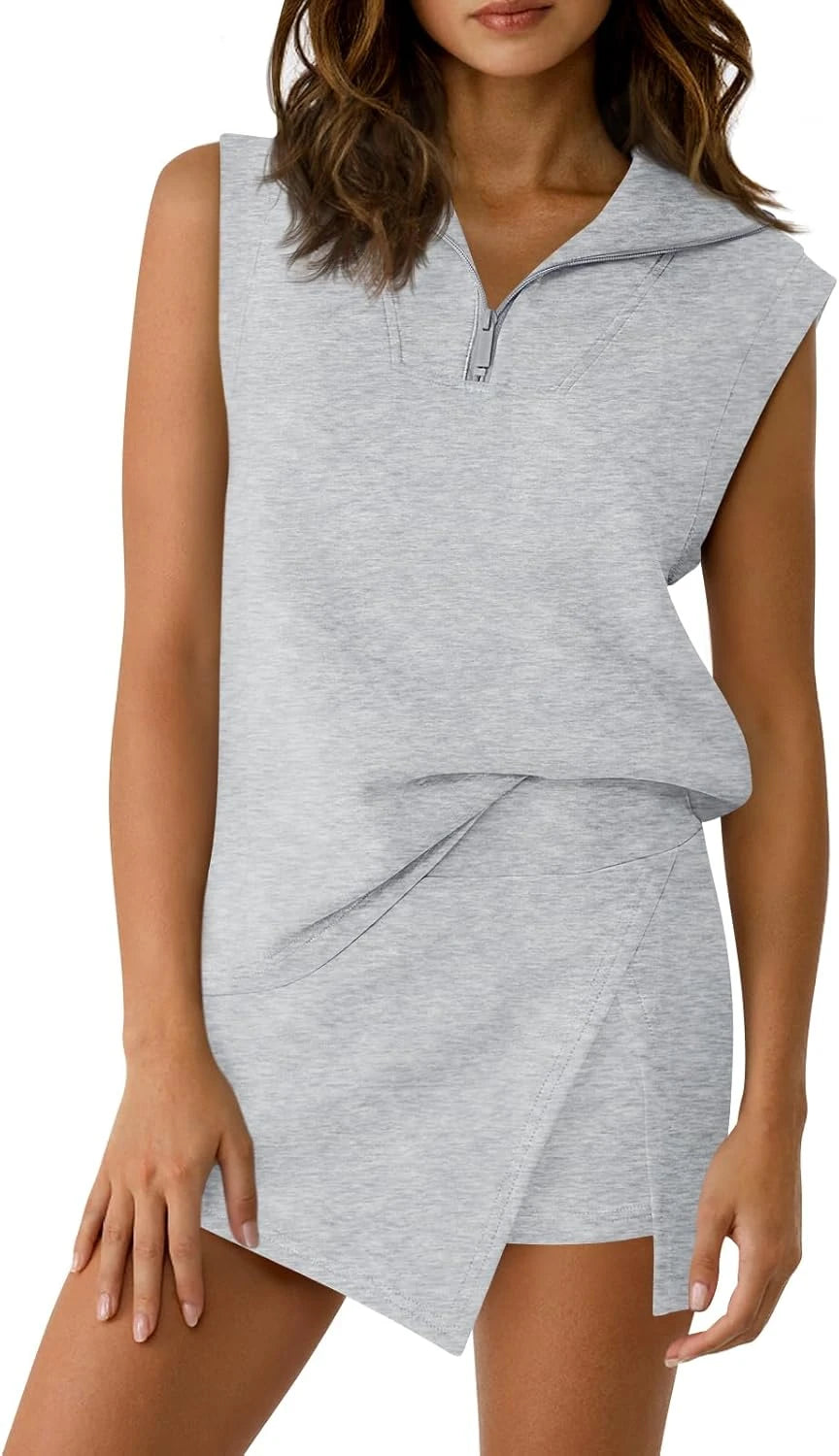 Fisoew Womens 2 Piece Skirt Sets Summer Sleeveless Half Zip Sweatshirt Athletic Skorts Tennis Outfits Casual Sweatsuits