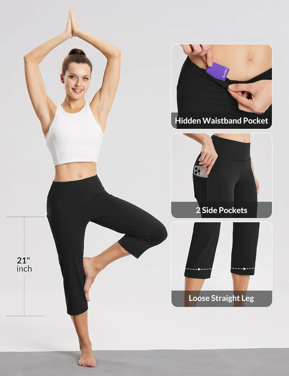baleaf Women's 21" Capri Pants with Pockets, High Waist – Tummy Control Yoga Leggings for Summer Workout